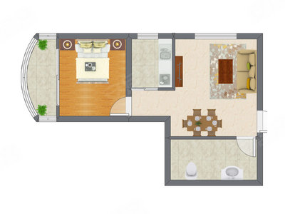 1室2厅 57.48平米户型图