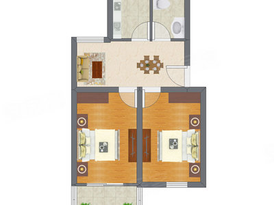 2室1厅 39.74平米户型图