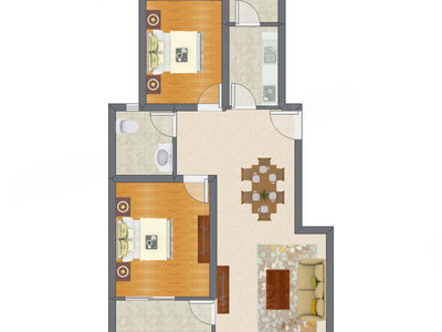 2室2厅 92.81平米户型图