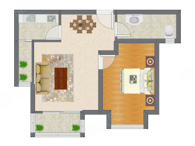 1室2厅 64.97平米户型图