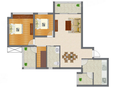 2室2厅 77.67平米户型图