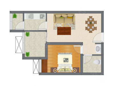 1室2厅 41.24平米户型图