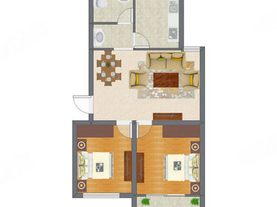 2室1厅 58.69平米户型图
