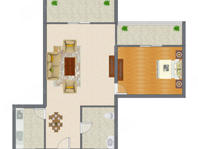 1室2厅 66.98平米户型图
