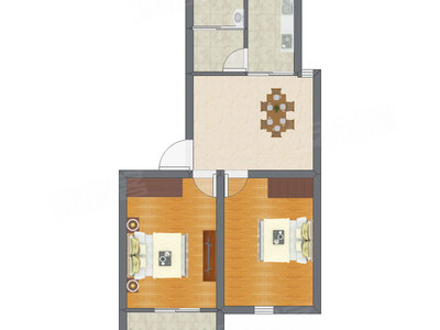 2室1厅 43.29平米户型图