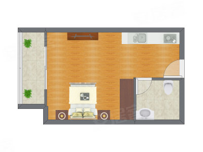 1室2厅 49.28平米户型图
