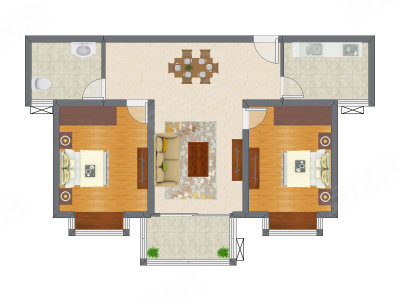 2室2厅 91.49平米户型图