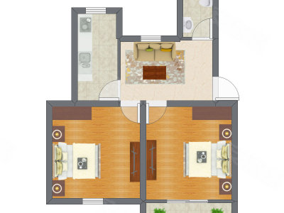 2室1厅 42.97平米户型图