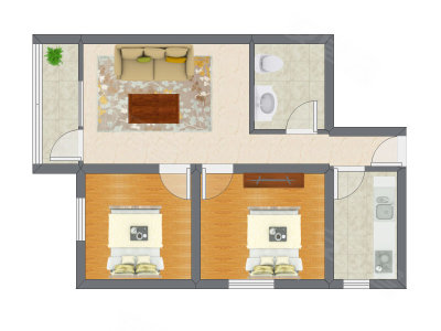 2室1厅 44.72平米户型图