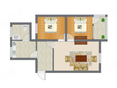 2室1厅 53.65平米户型图
