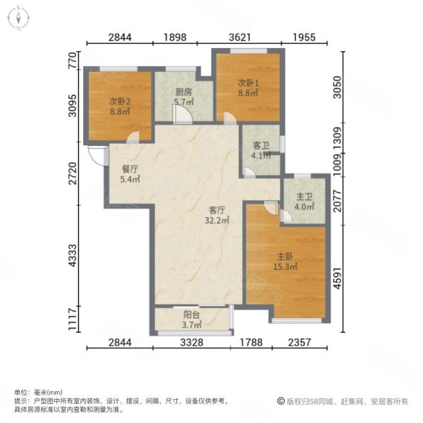 汇福悦榕湾3室2厅2卫127.68㎡南北188万