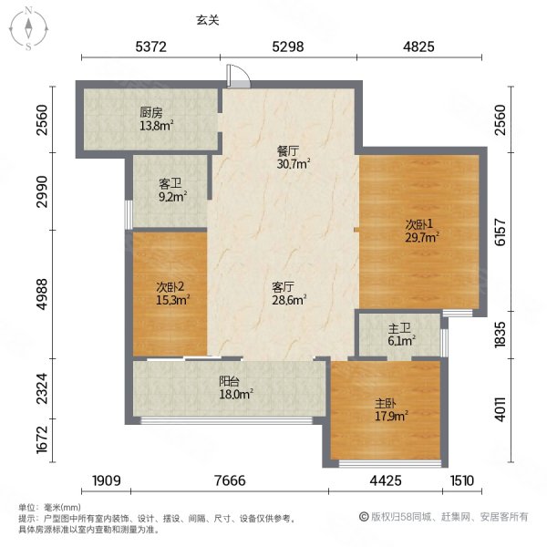 汉川银湖城3室2厅2卫108㎡南北68万