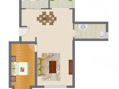 1室2厅 68.76平米户型图
