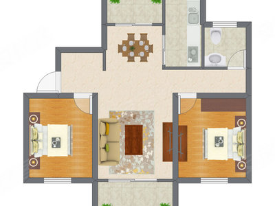 2室2厅 62.32平米户型图