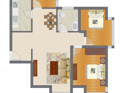 2室2厅 90.44平米户型图