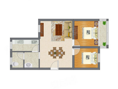 2室1厅 47.32平米户型图