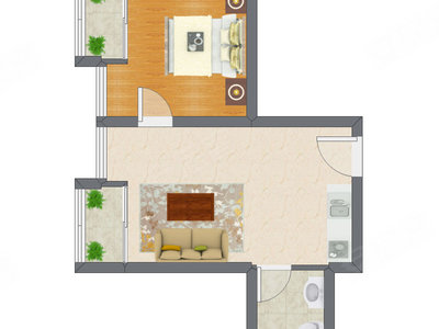 1室1厅 58.83平米户型图