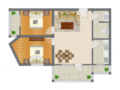 2室2厅 90.40平米户型图