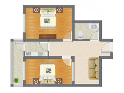 2室1厅 66.39平米户型图