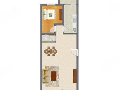 1室2厅 77.34平米户型图
