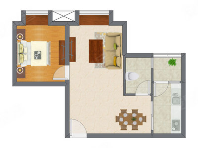1室2厅 51.54平米户型图