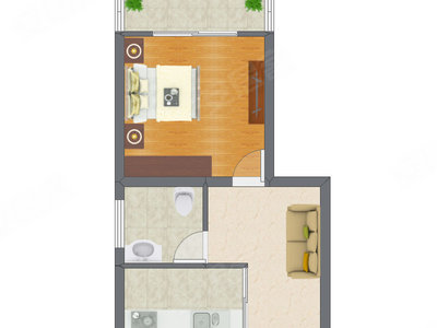 1室1厅 32.93平米户型图