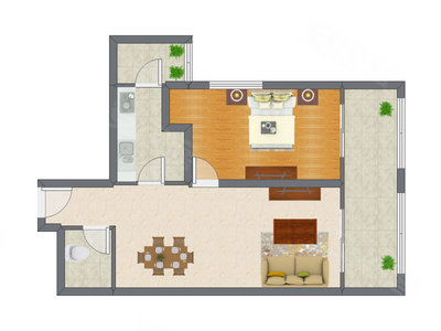 1室2厅 70.16平米户型图