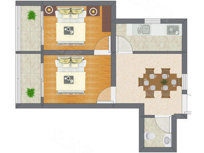 2室1厅 33.14平米户型图