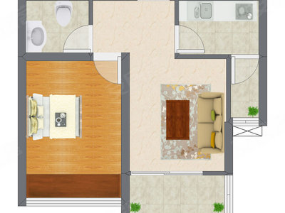 1室1厅 44.35平米户型图