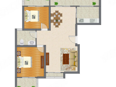 2室2厅 90.76平米户型图