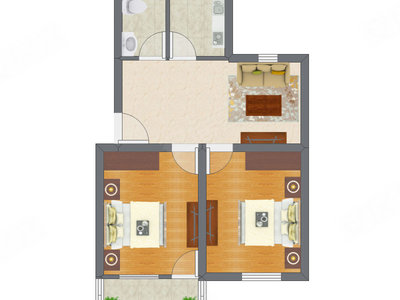 2室1厅 43.57平米户型图