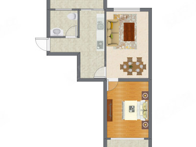 1室2厅 50.42平米户型图