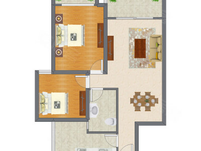 2室2厅 87.75平米户型图
