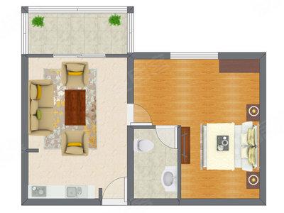 1室1厅 48.21平米户型图