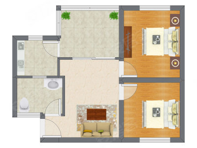 2室1厅 61.45平米户型图