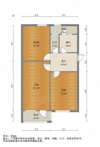 60平米三室一厅户型图图片