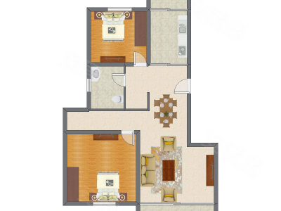 2室1厅 90.78平米户型图