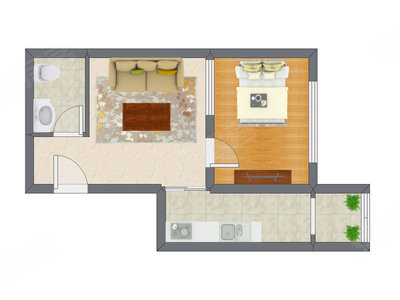 1室1厅 51.76平米户型图