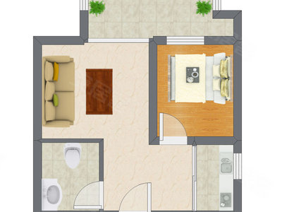 1室1厅 47.35平米户型图