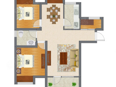 2室2厅 87.53平米户型图