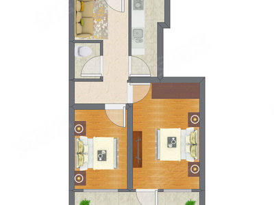 2室1厅 40.68平米户型图