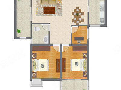 2室2厅 74.69平米户型图