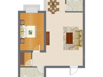1室2厅 64.74平米户型图