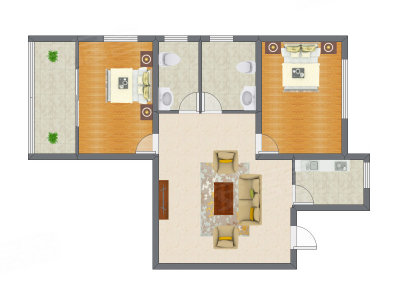 2室2厅 90.86平米户型图