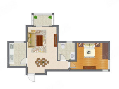 1室2厅 64.32平米户型图