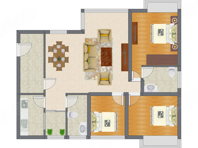 3室2厅 65.74平米户型图