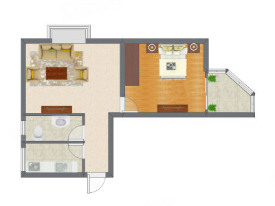 1室1厅 47.76平米户型图