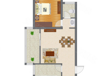 1室2厅 47.29平米户型图