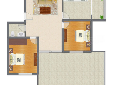 2室1厅 90.96平米户型图