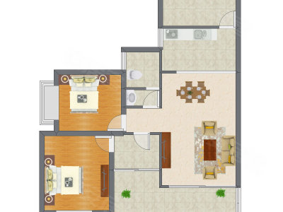2室2厅 74.08平米户型图